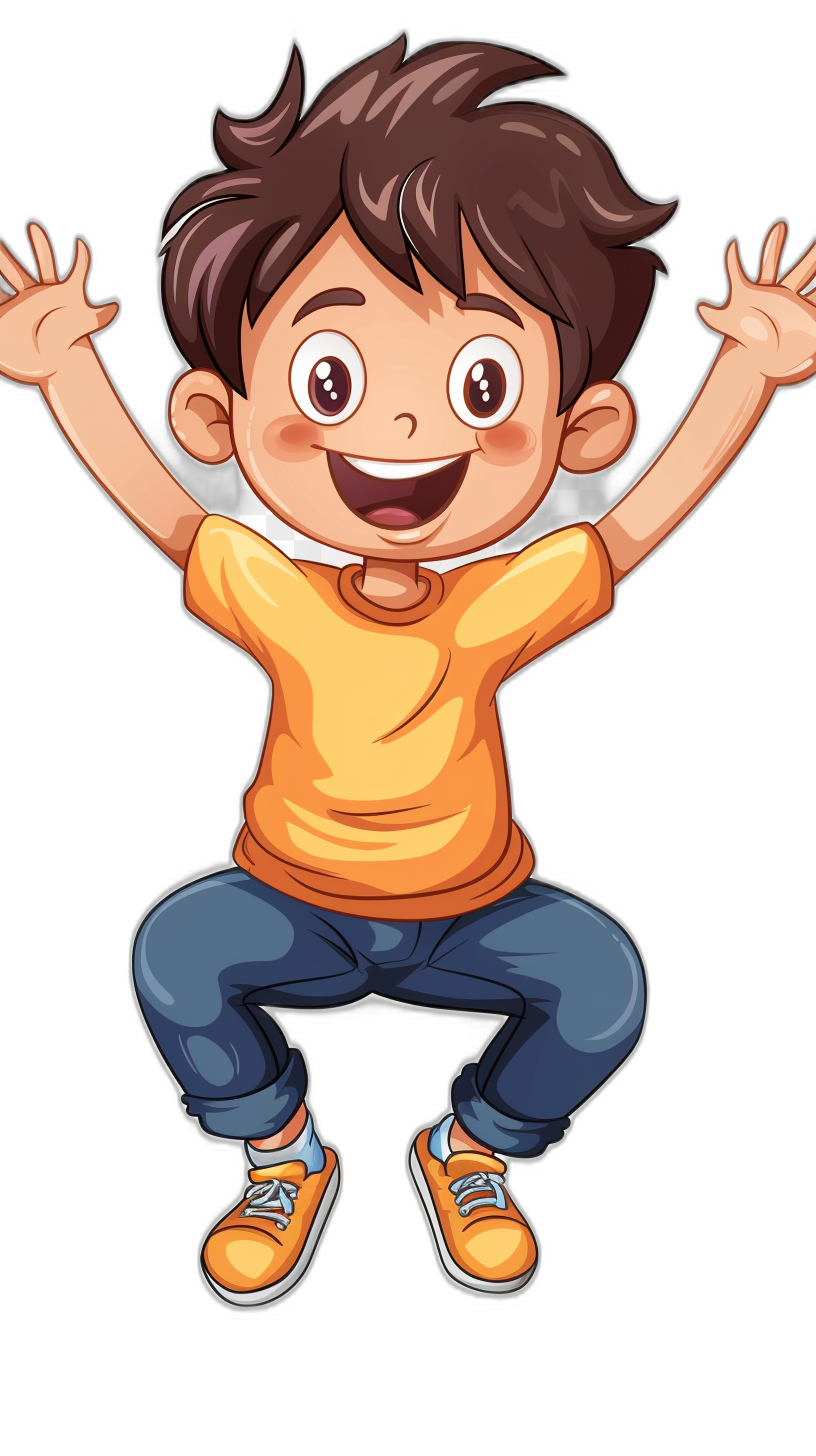 a cartoon boy jumping for joy, vector illustration, solid black background, happy face expression, wearing orange t shirt and blue jeans, big eyes with brown hair,