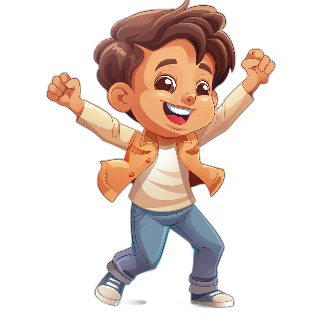 A cute cartoon boy with brown hair, wearing jeans and a white t-shirt is dancing happily on a black background. The character has an animated style with exaggerated features typical of Disney or Pixar characters. He wears a casual jacket over his shoulders and sneakers as he twirls around in celebration of success. Vector illustration. Full body portrait. Isolated on a dark background.