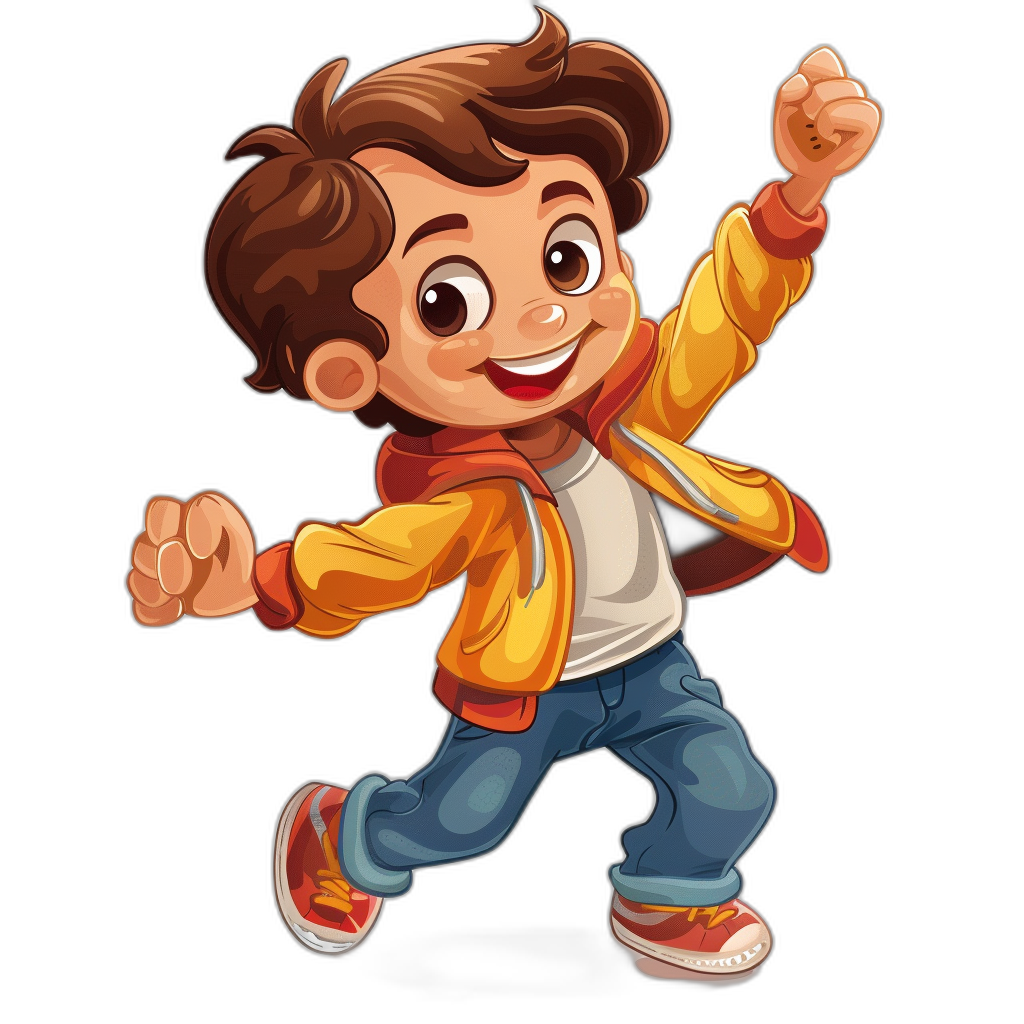 A cute happy cartoon boy with brown hair in jeans and an orange jacket is dancing in the style of clipart on a black background for a tshirt design.