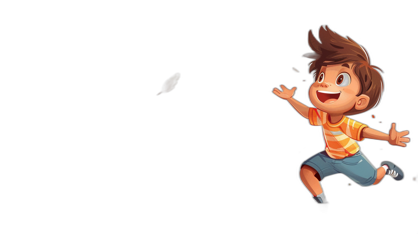 A cartoon boy with brown hair and an orange striped shirt, blue shorts jumping on a black background. He is smiling and has his hands up in the air as if he’s flying or trying to catch something. The style of animation should be in the style of Pixar with detailed textures and vibrant colors.