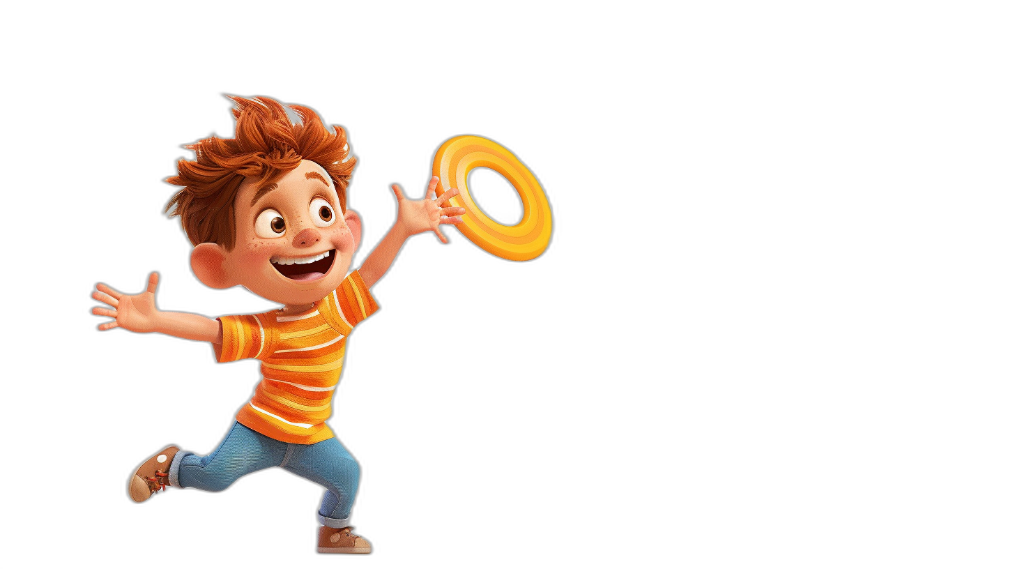 A boy is playing frisbee in the style of Disney. The cartoon character has brown hair and wears an orange striped shirt and blue jeans. He throws the frisbee towards us in front of his body, smiling happily. Black background. Pixar animation style.