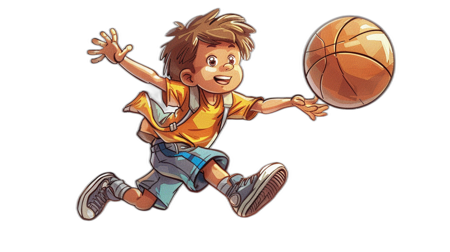 A boy is playing basketball in the style of a cartoon, with a simple drawing on a black background in the style of 2D game art. He is wearing colorful  with a cute expression on his face as he jumps in the air to shoot the ball. The boy is wearing sneakers and shorts in a focus shot with high resolution and high details.