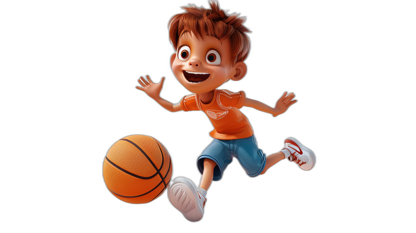 A happy little boy is playing basketball. He is wearing an orange t-shirt and blue shorts with white shoes. The background of his cartoon character is black. He has brown hair and very short hair. He plays in the front view and is jumping towards the ball. He also wears sneakers on his feet. The style of the cartoon is similar to Pixar, with 3D rendering in high resolution, detail, and quality.