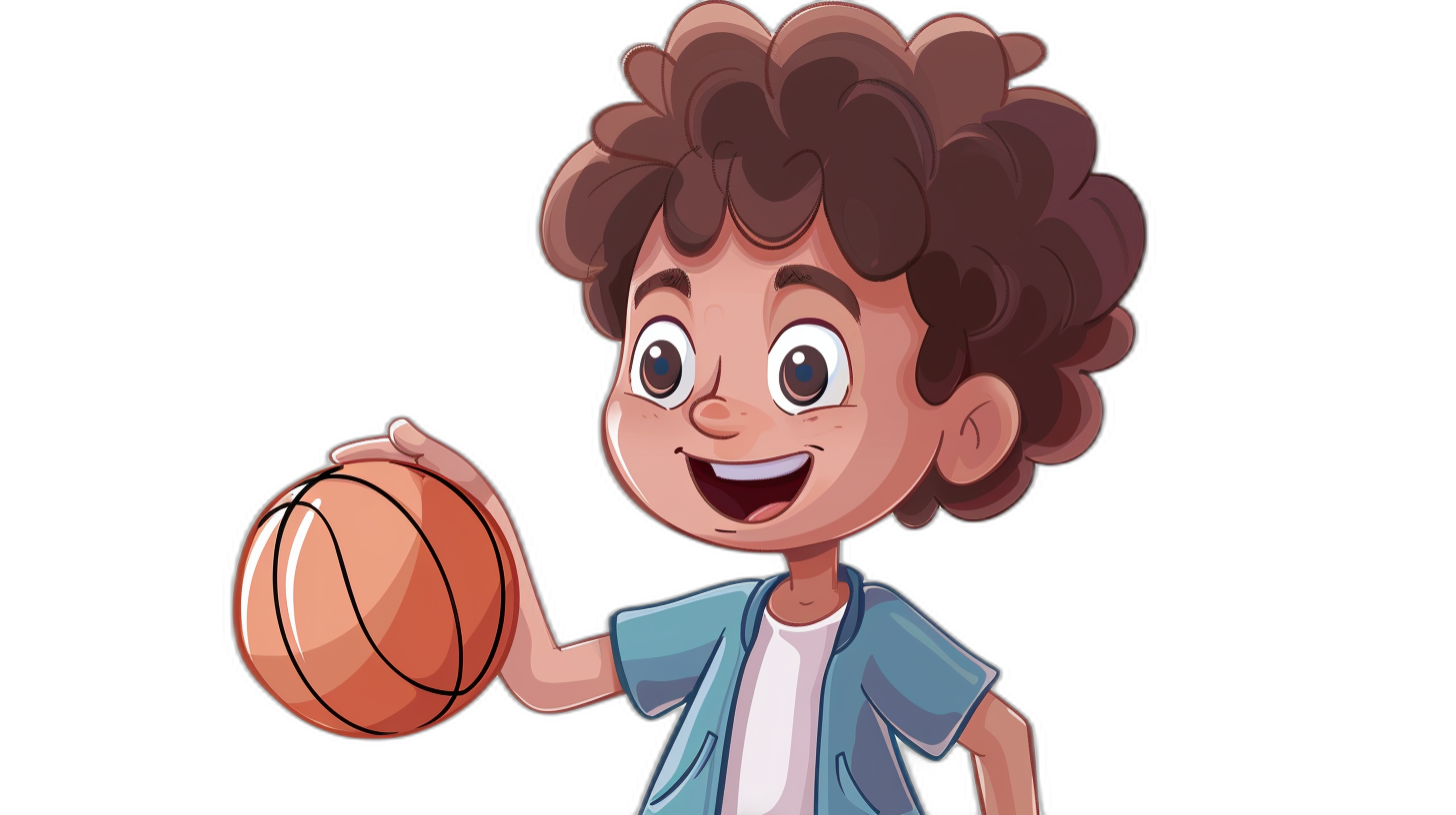 A cute little boy with curly hair is playing basketball, smiling happily and holding the ball in his hand. He has a style in the style of anime and a cartoon illustration on a black background. The character design should be detailed, with bright colors, and the lines of characters need to have a strong sense of three-dimensionality. It needs clear details for all elements such as facial features,  and skin texture. Flat illustration, 2D game art, simple strokes, simple coloring page with minimal editing.