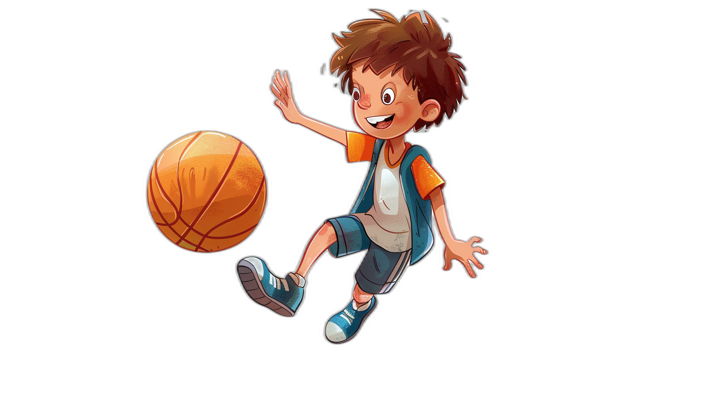 A cartoon boy is playing basketball, smiling and kicking the ball in his hand against a black background. The illustration is designed as an animated character, featuring bright colors and high-definition details. It showcases the adorable style of Disney Pixar animation.