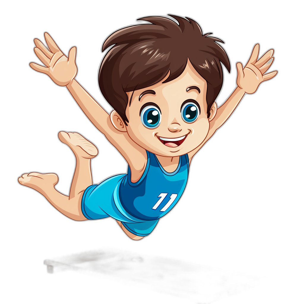 A cartoon boy with brown hair and blue eyes, wearing a jersey and jumping in the air in the style of clipart, isolated on a black background, in a cute style.