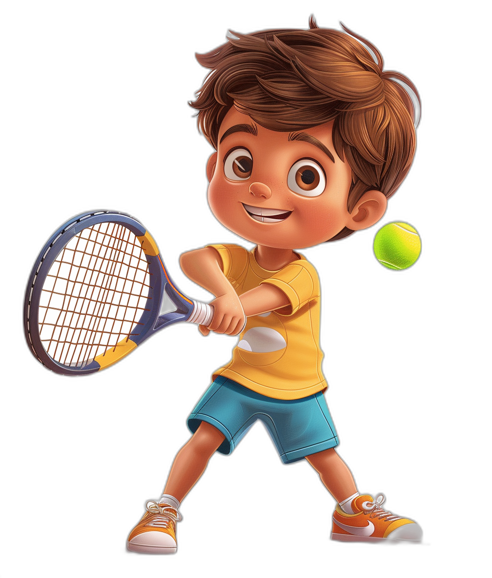 A boy playing tennis, wearing shorts and sneakers with a yellow t-shirt in the style of Pixar animation. He has brown hair, big eyes, smiling brightly as he tries to hit the ball back on his racket. Black background.