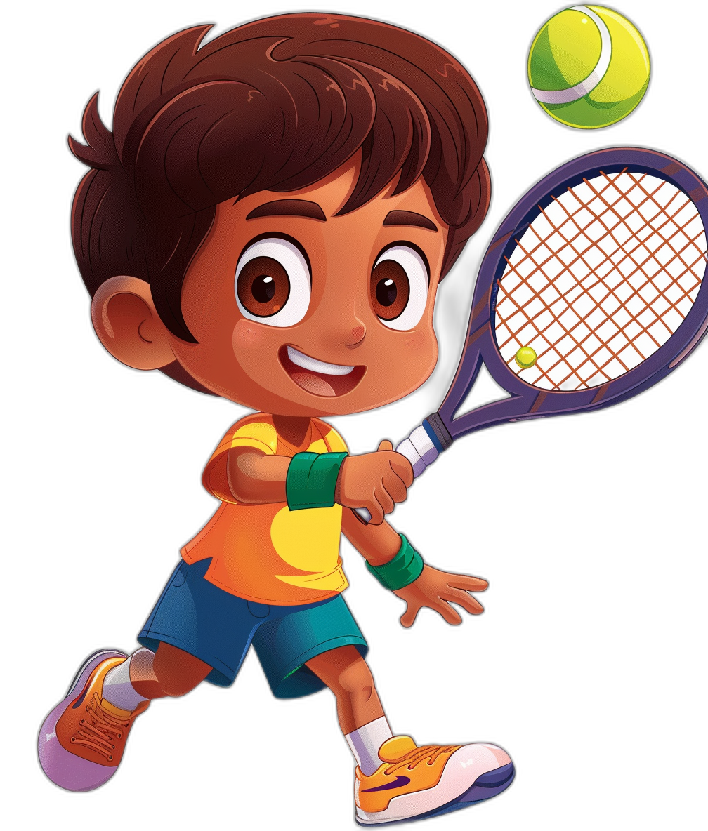 cartoon style of an Indian boy playing tennis, cartoon illustration with a black background, children’s book cover design in the style of an Indian boy playing tennis, cartoon illustration with a black background, designed for a children’s book cover