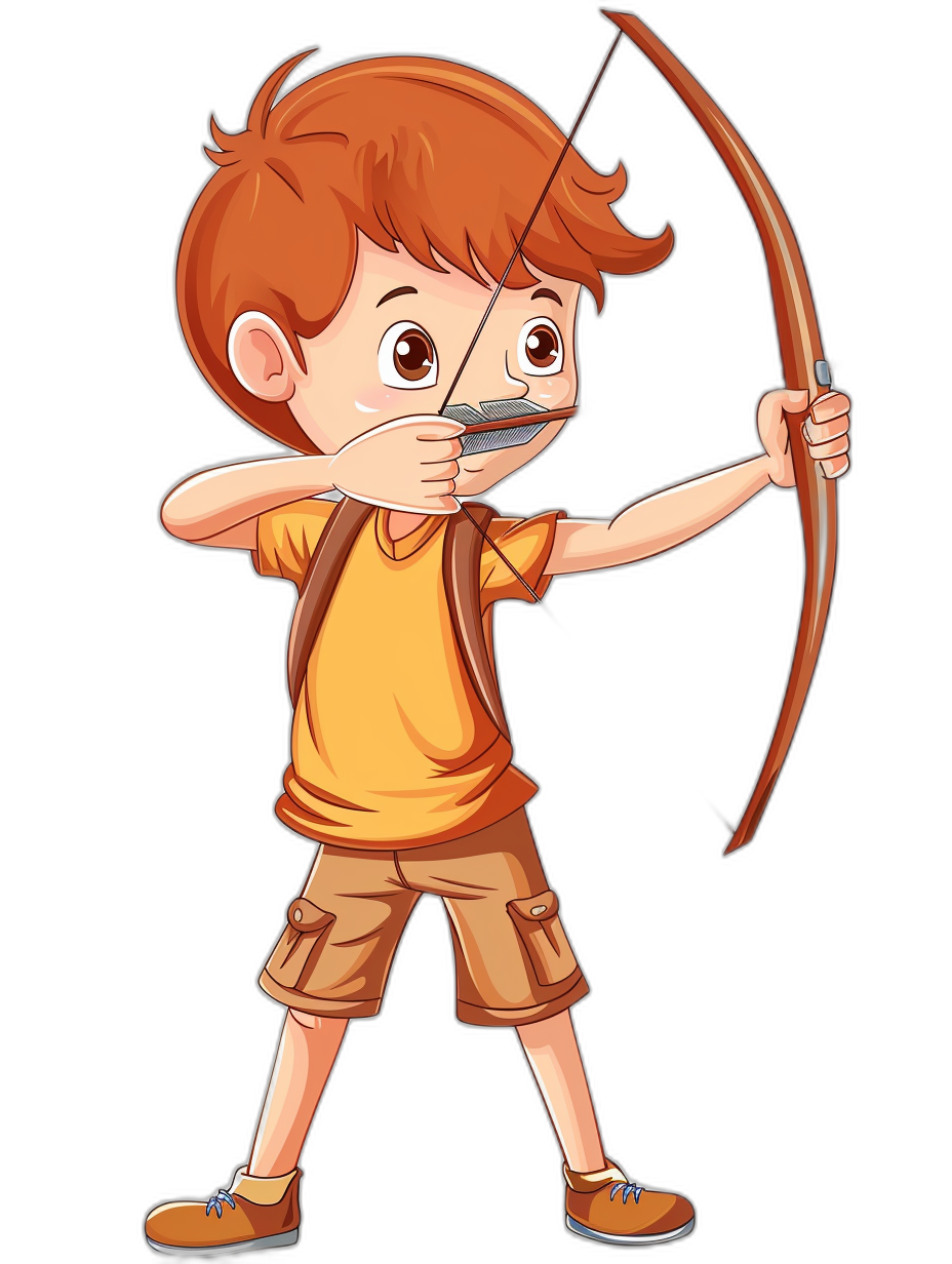 A cute cartoon boy shooting an arrow in a vector illustration style with simple shapes and lines on a black background without shadows and with bright colors. The character’s head has short ginger-colored hair and he is wearing brown shorts and a yellow t-shirt. He stands straight to the side and looks focused while aiming a longbow made of wood with a white string at a target. The illustration is in the style of a clipart for stickers with solid shapes without details or shadows.