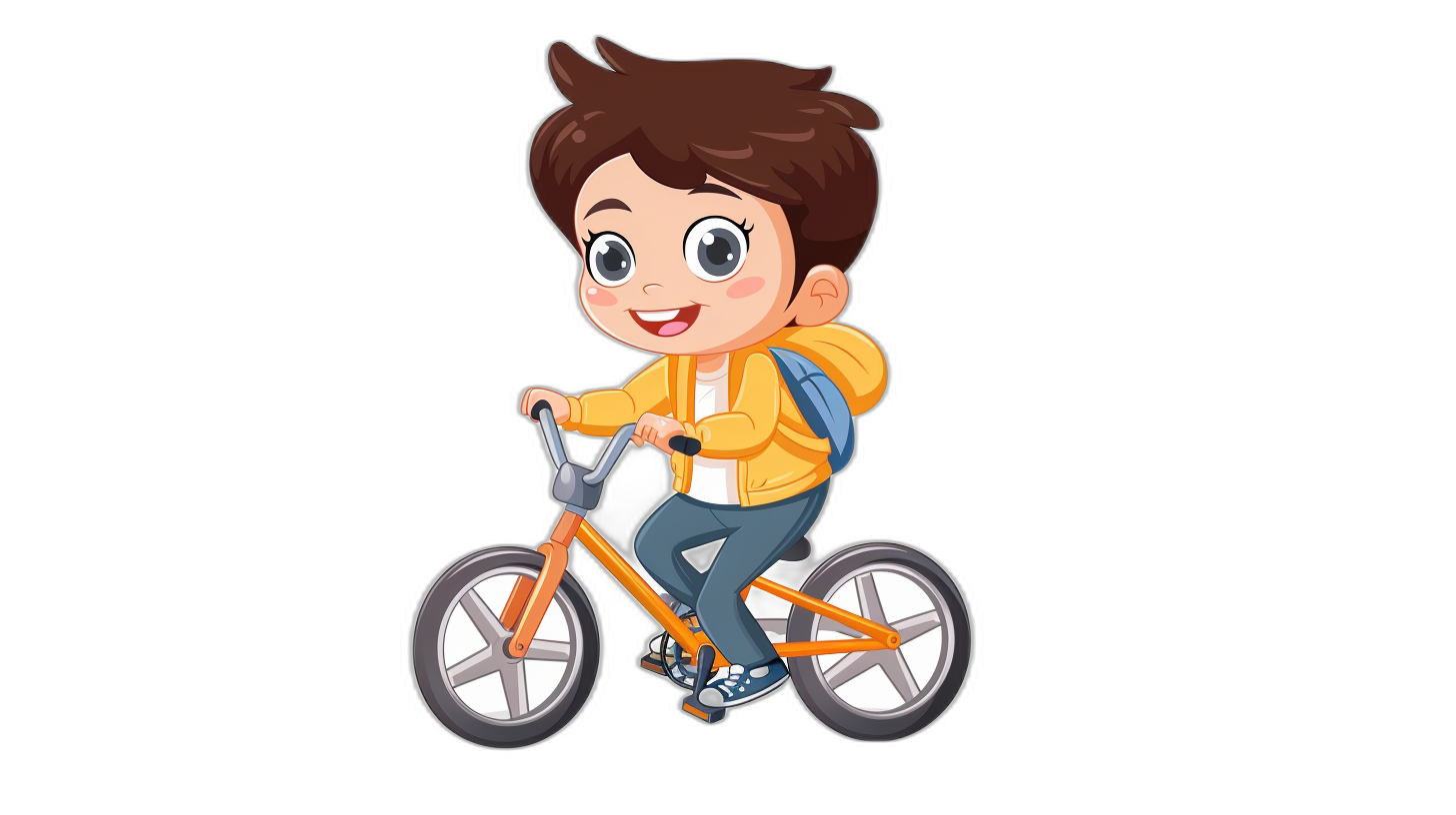 Cute cartoon boy riding bicycle on a black background, simple design in the flat vector illustration style, high resolution, high quality digital art with high detail, best 2d animation with a cute adorable character design featuring bright colors in a full body shot from the side view with high definition and high contrast and high sharpness like a masterpiece at the best resolution of 30k.