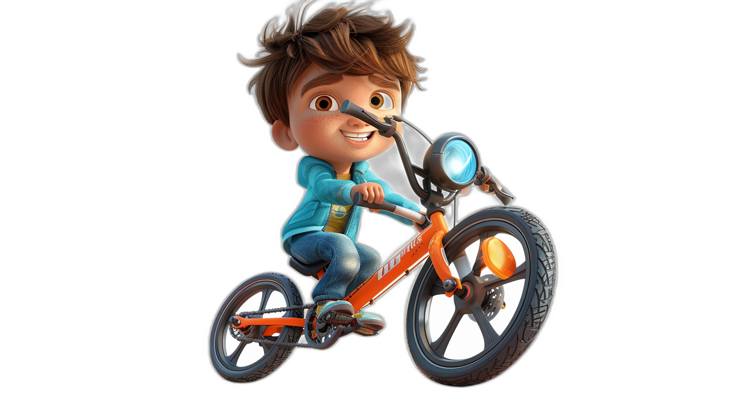 3D Pixar-style illustrated, happy kid boy on an electric bike in front of a black background, orange and blue , brown hair, with a white rim light. The illustration is in the style of Pixar.