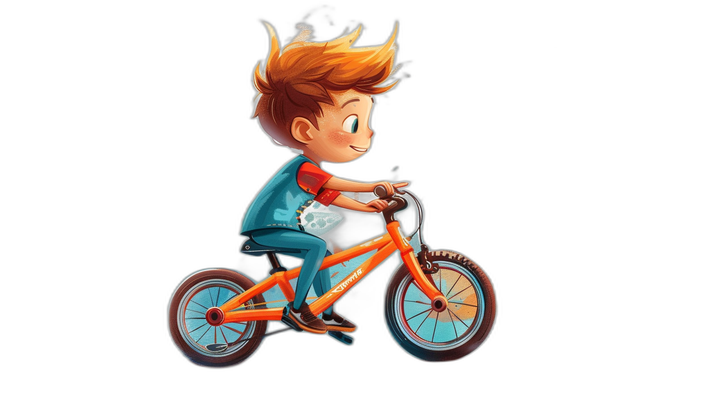 a cute cartoon of boy with spiky hair riding an orange bike, black background, cute and colorful, high resolution