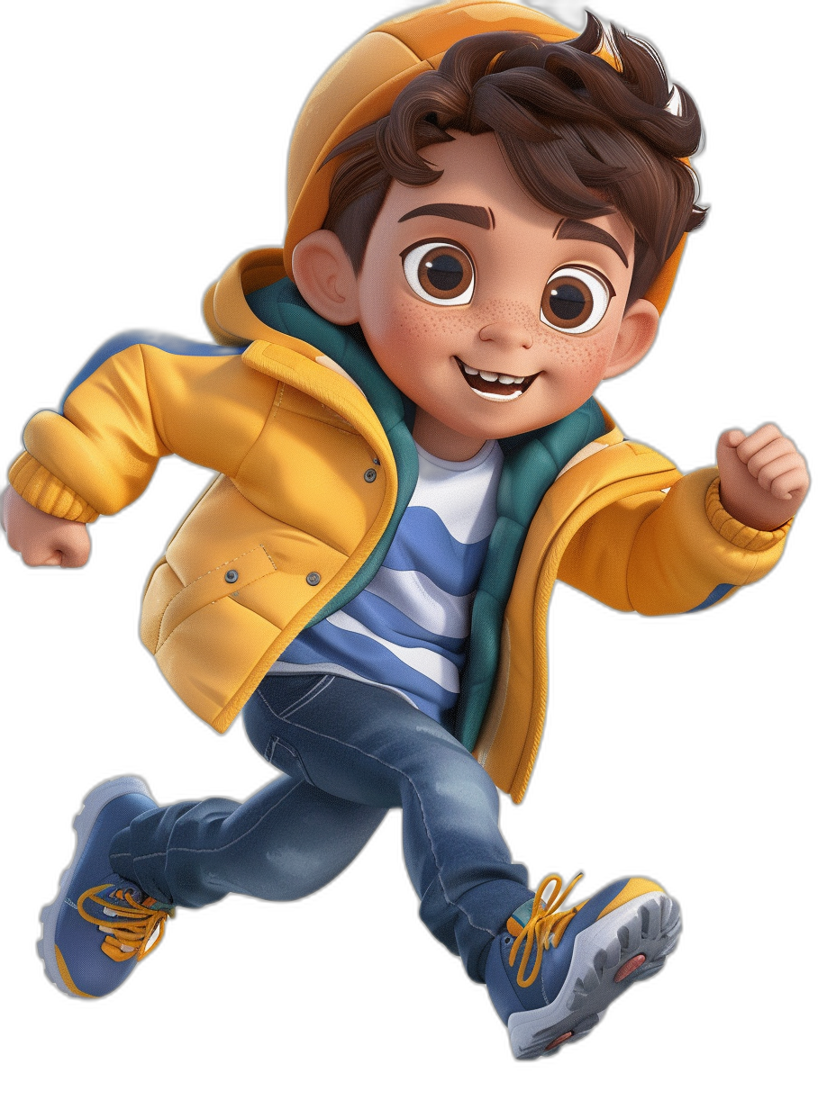 A cute little boy is depicted in a full body portrait running pose, wearing a yellow jacket with a green hood and blue jeans. On his feet are sports shoes. The background is black with a Disney Pixar animation style, big eyes, smile, brown hair, soft light, movie lighting, soft gradient colors, high details, best quality, and high resolution, full HD. The portrait is in the style of Disney Pixar animation.