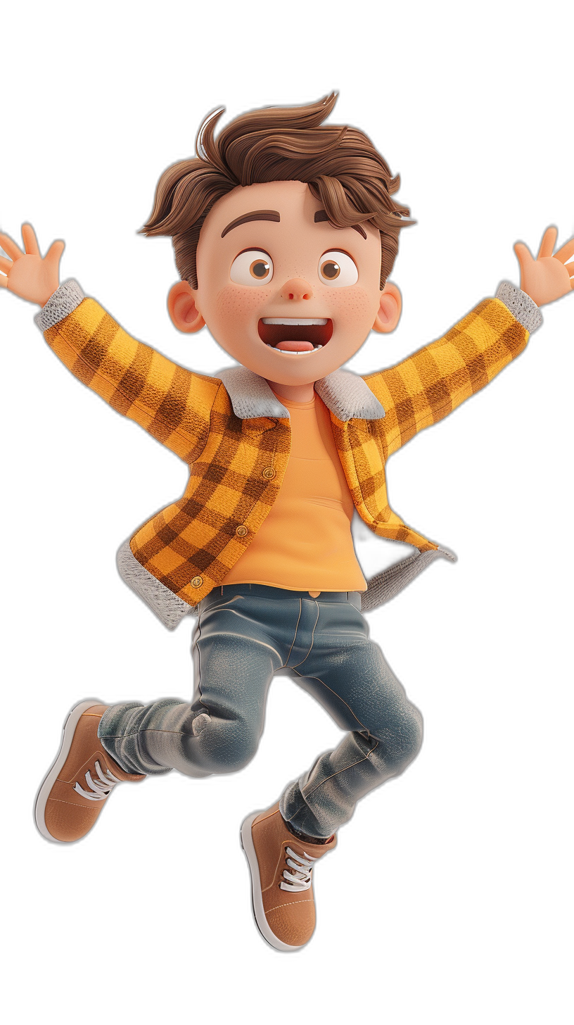 A cute boy with brown hair, wearing jeans and an orange shirt under a yellow checkered jacket is jumping in the air in the style of Disney Pixar cartoon, against a black background in a full body shot 3D rendering. The Disney Pixar cartoon illustration is high resolution, high detail and high quality with high definition and high dynamic range in a super detailed style.