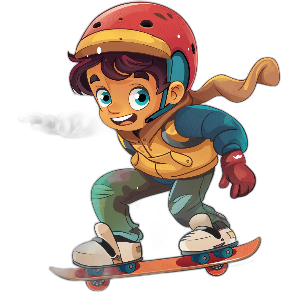 A cartoon character of an Asian boy with short hair, wearing a helmet and gloves is riding on his skateboard against an isolated black background in the style of Disney Pixar. He has big blue eyes and brown skin color, dressed for skateboarding with shoes. The colors should be vibrant and cheerful, with bright red skateboard wheels. Make sure that he looks friendly and confident while riding the board, giving off a fun vibe.