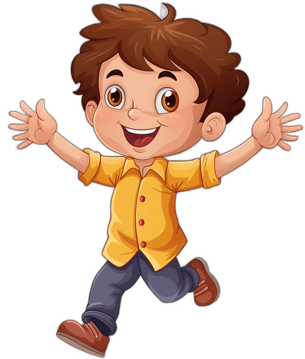 A cute cartoon boy is jumping up and laughing, with brown hair and wearing yellow shirt., Vector illustration, black background, high resolution vector