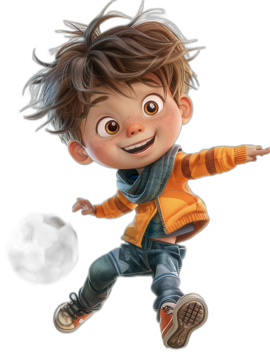 A cute little boy, in the style of Pixar, with messy hair and big eyes smiling while playing soccer on a black background. He is wearing an orange cardigan, blue jeans, white sneakers and has a scarf around his neck. His head has a greyish brown color and he has brown eyes. The drawing shows his full body as a cartoon character.