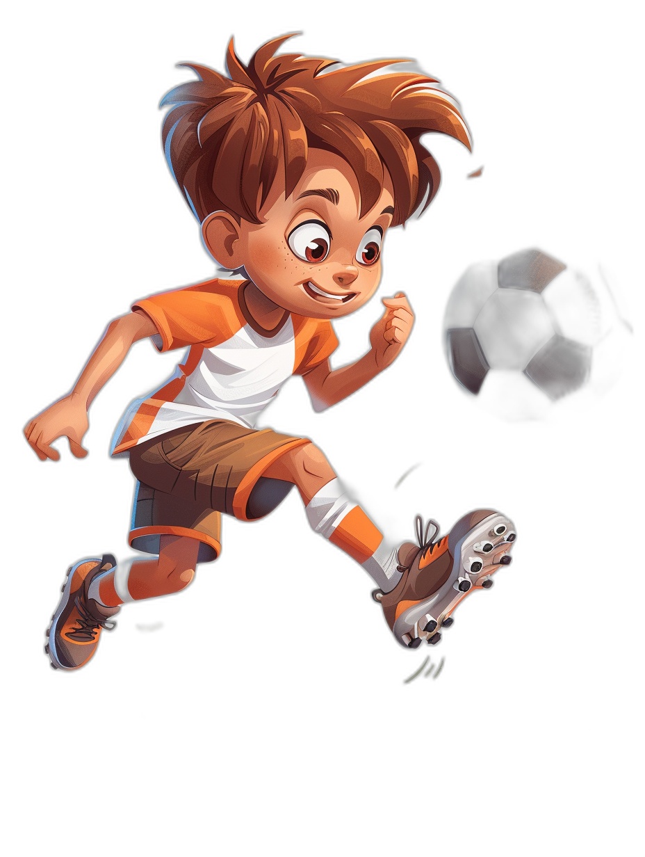 Illustration of a young boy playing soccer in the style of Pixar, in a cartoon style, wearing orange and white  with brown hair against a black background in the Pixar art style.