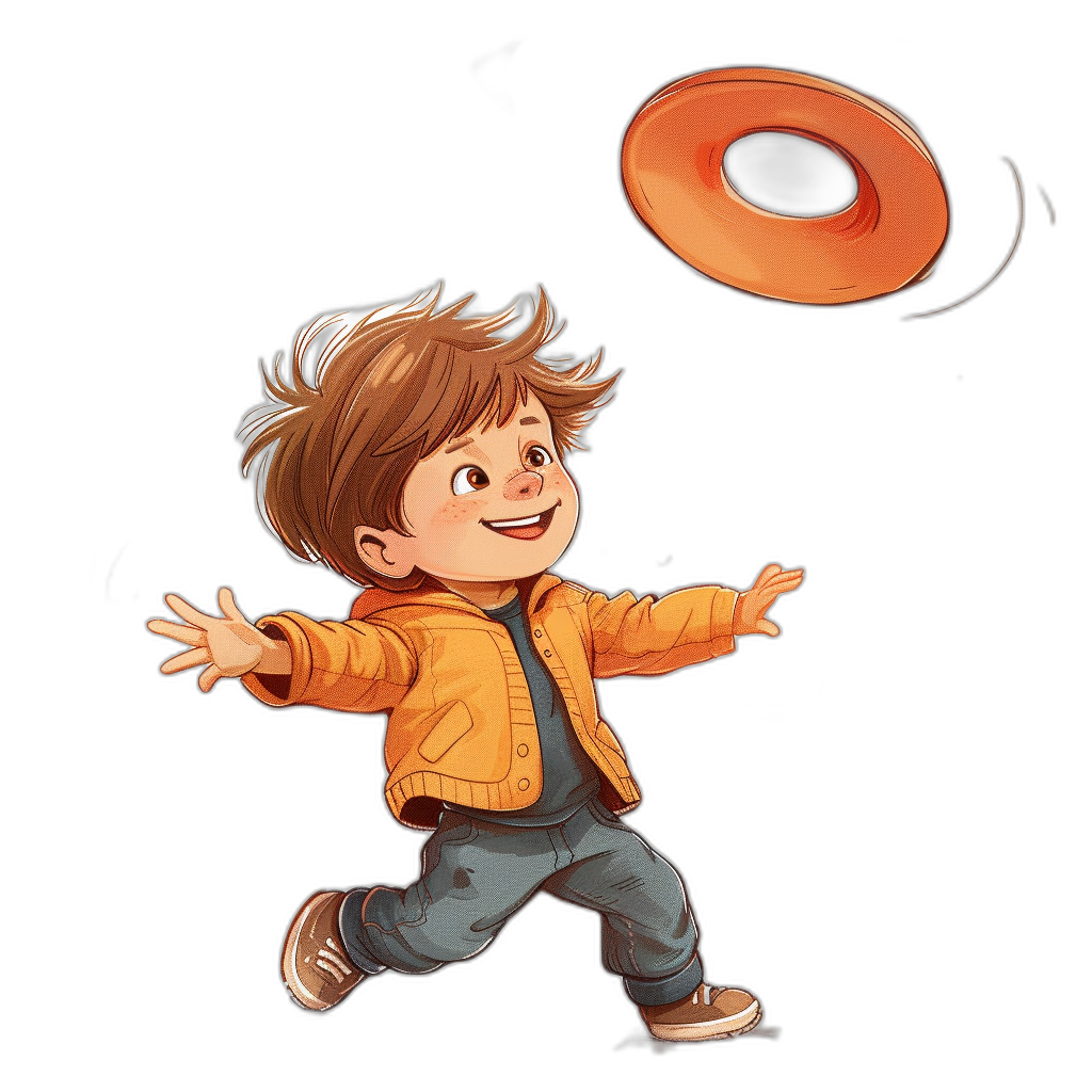 A cute cartoon boy is playing frisbee, with his hand reaching out to catch the flying disk in an orange jacket and jeans on a black background. The illustration style should be playful and colorful, suitable for children’s book illustrations or digital art. Use bold lines and bright colors to capture the attention of kids in the style of digital art.