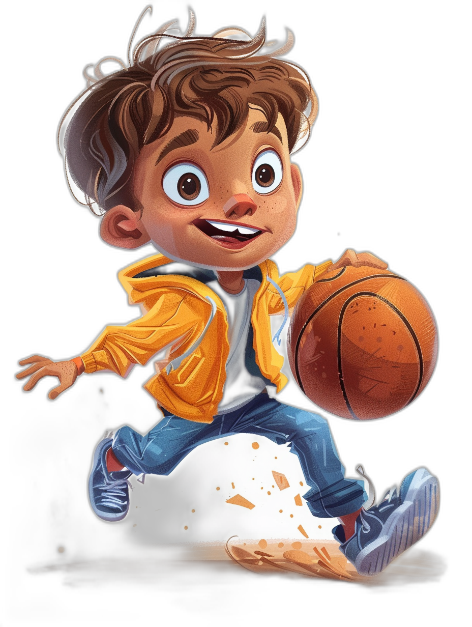 An adorable cartoon character of a young boy playing basketball, featuring bright and vibrant colors against a black background. The illustration should capture the essence of his cheerful demeanor with big eyes and a wide smile while dribbling the ball in midair. He is dressed casually wearing blue jeans and a yellow jacket, wearing white sneakers. Use digital art techniques to bring out the whimsical charm of the design, making it suitable for children’s books or animated films in the style of your artist.