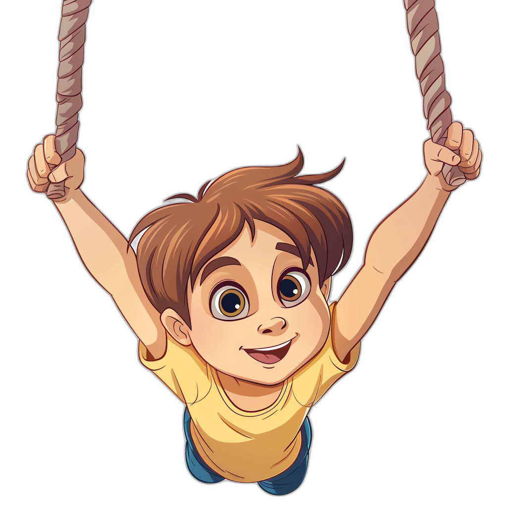 A cartoon vector illustration of a cute boy hanging on the trapeze, smiling with his eyes wide open, against an isolated black background, using warm colors. The illustration is in the style of a circus performer hanging from the trapeze, smiling broadly as he performs tricks in the air.