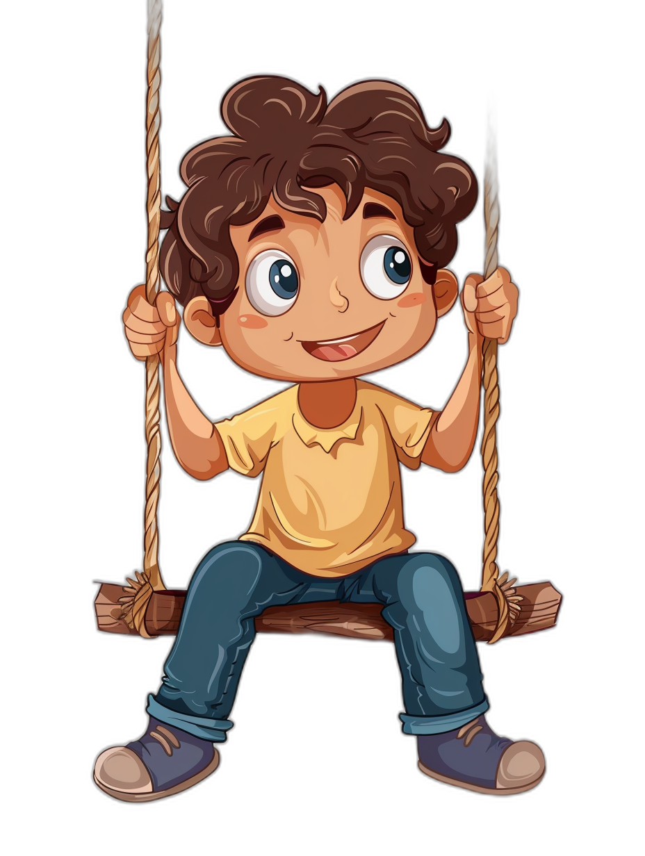 A cute cartoon boy sitting on the swing, smiling and looking at the camera with big eyes in the style of isolated on a black background.