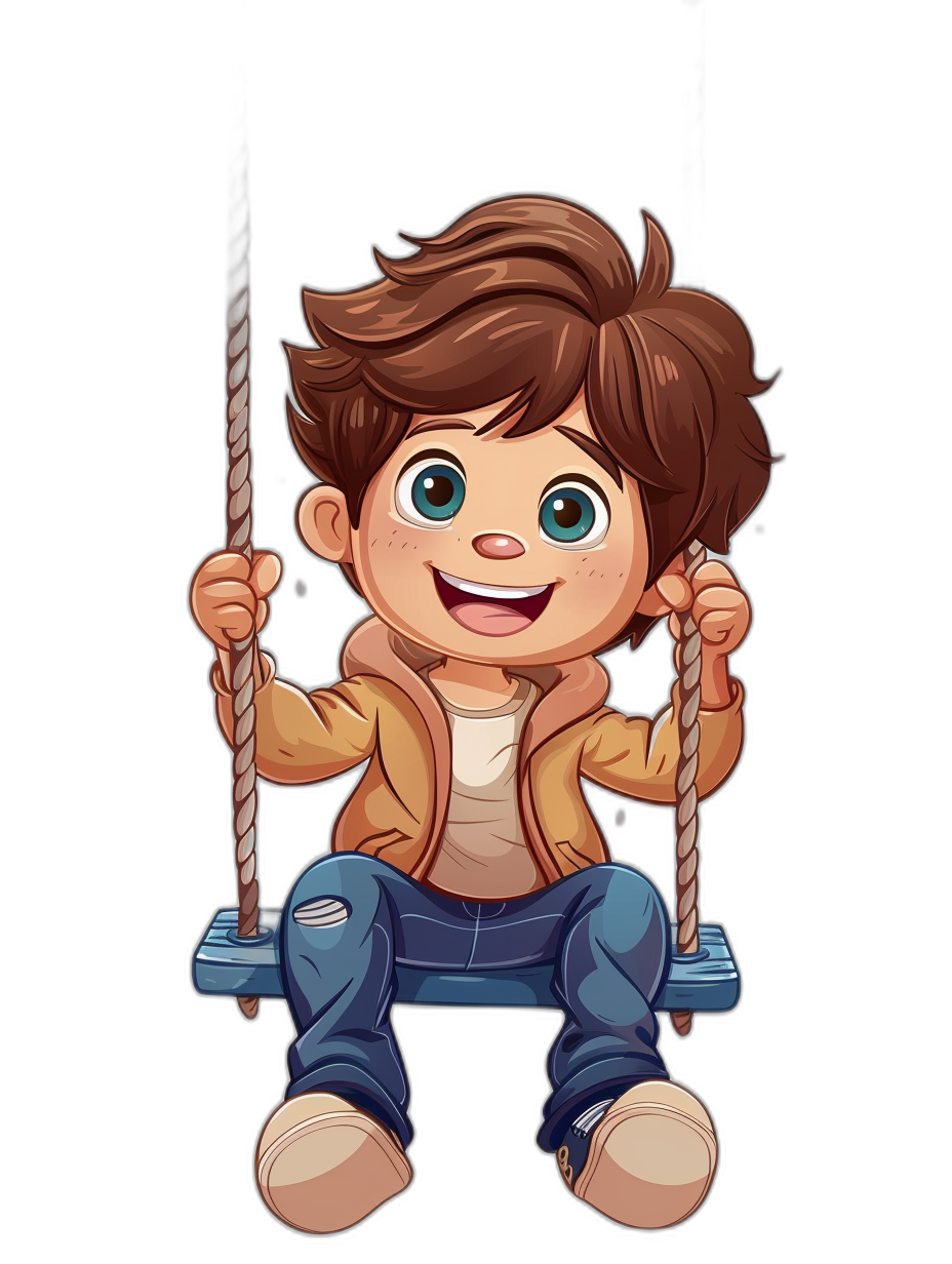 cartoon style cute kid with brown hair and blue eyes sitting on the swing, smiling and looking at camera, casual , black background, game art for kids