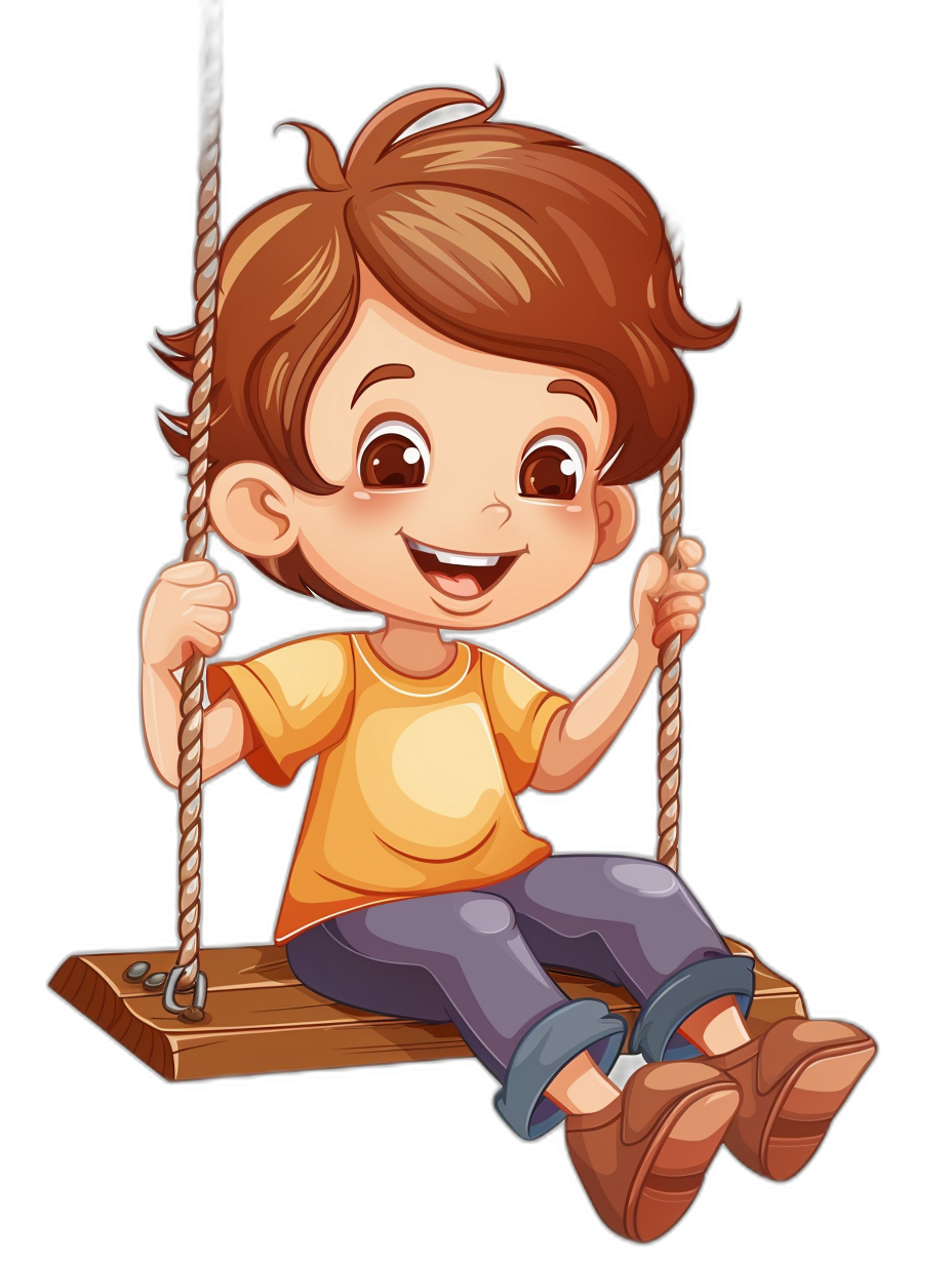 cartoon style, cute happy boy sitting on wooden swing isolated on black background, clipart. in the style of png