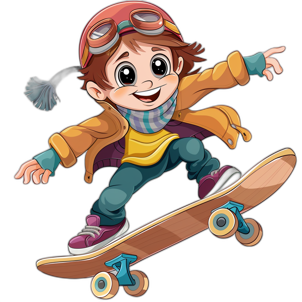 A cartoon character is riding on the skateboard, clip art style with black background. The boy has brown hair and wearing helmet and goggles in his head , he’s dressed as an adventurer or explorer in warm jacket and jeans . He wears blue shoes with laces. There are splashes of color around him to make it stand out more against dark colors. This design would be suitable for Tshirts or posters. Vector illustration. Isolated vector illustrations on white backgrounds.