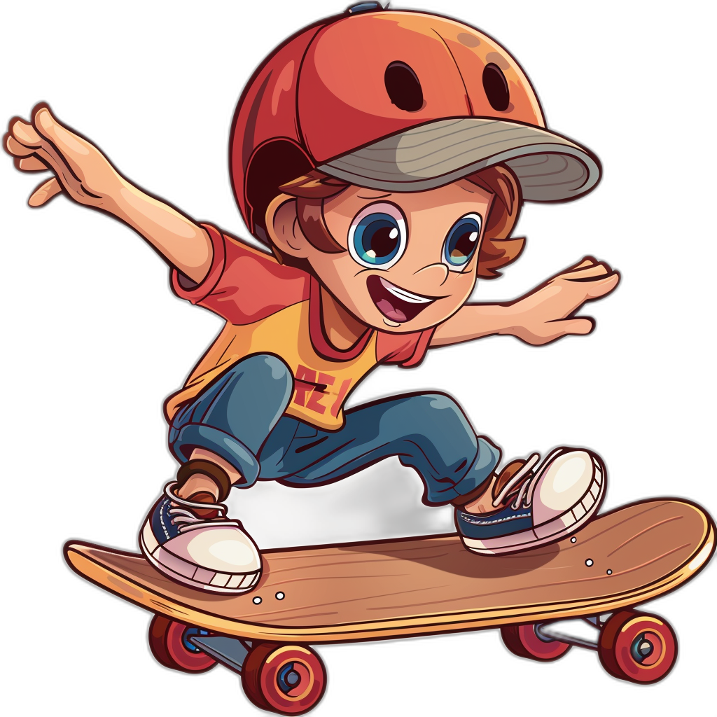 A cartoon-style kid riding a skateboard in a vector illustration with a black background and clip art style, created in Adobe Illustrator for logo design, with vibrant colors like reds or yellows, wearing a cap and sneakers in a dynamic pose of skateboarding quickly, with a cute character design in the style of clip art.