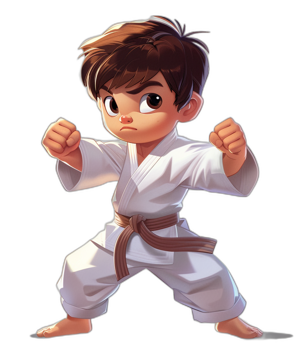 a cute little boy in white karate outfit, brown hair and big eyes doing martial arts poses, cartoon style, full body, black background, 2d game art, cute cartoon design