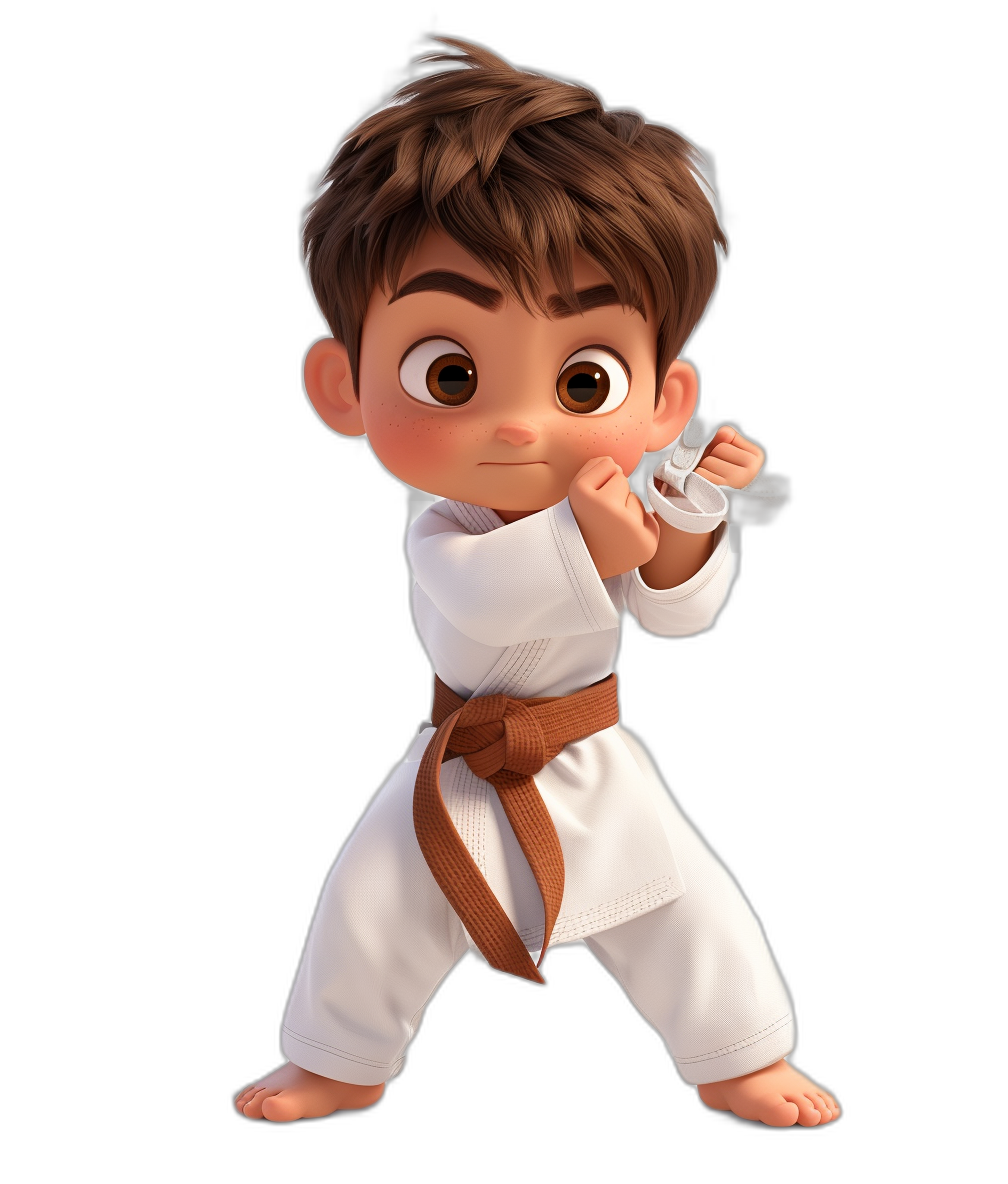 A cute baby boy with brown hair in a white karate outfit doing a roundhouse kick, with a brown belt, big eyes, in the style of Pixar character design on a black background