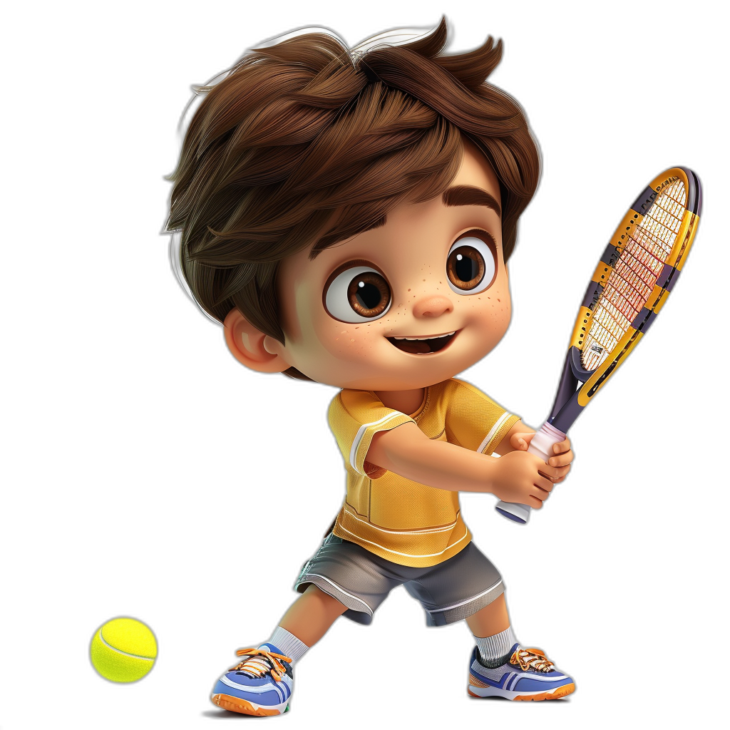 A cute little boy playing tennis, with brown hair and big eyes, wearing shorts and sneakers, holding the racket in his hand ready to hit the ball, against a black background, in the style of Disney Pixar, in a 3D cartoon game art style. The illustration is full of vitality and fun, with a focus on character facial expression details.