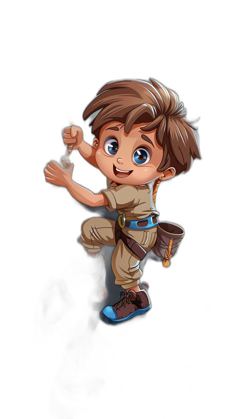 Cute cartoon character of a boy with brown hair and blue eyes on an adventure, jumping on a black background, holding a bag like from The Road to El Dorado movie, wearing a beige shirt with a dark belt and light colored belt. Pixar style cartoon art in the style of Pixar.