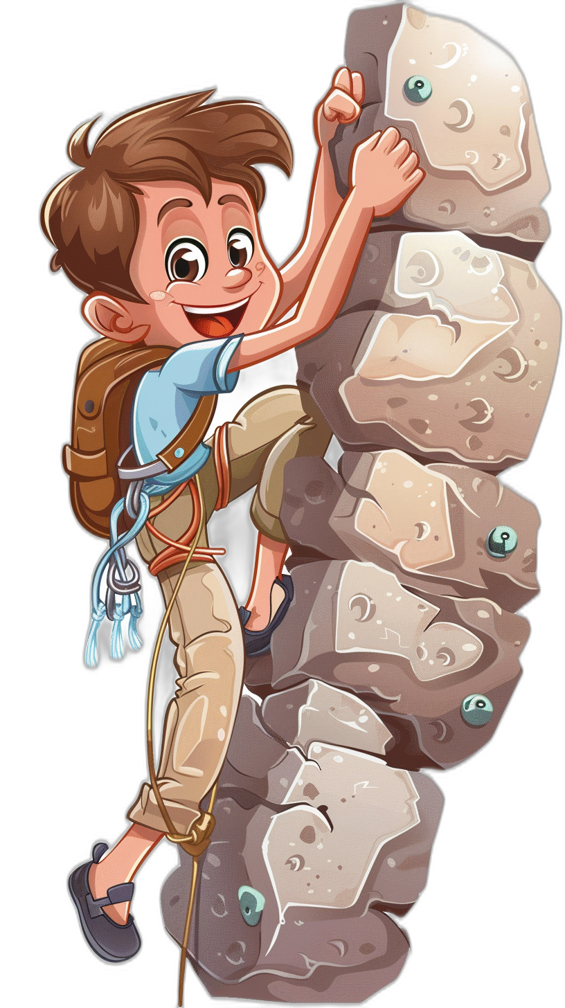 A cartoon-style boy is climbing on the bouldering wall. With his right hand holding onto rocks and hanging from it, he is wearing an adventure backpack. The background is black, creating a cute atmosphere. He has brown hair, blue eyes, a white shirt, khaki pants, gray shoes, a happy expression, bright colors, high resolution, and uses vector graphics. in the style of vector graphics.