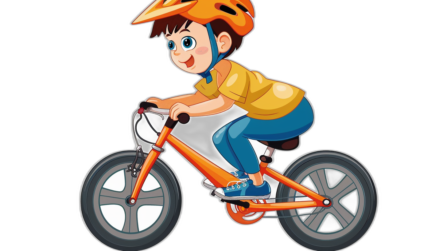 A cartoon boy riding an orange bike in the style of a vector illustration on a black background, with a cute and happy facial expression, wearing a helmet and blue pants, with a simple design leaving white space around the character, like colorful animation stills, as a high resolution vector illustration, with bold lines and flat colors and simplified details for kids to color in solid blocks of colour.