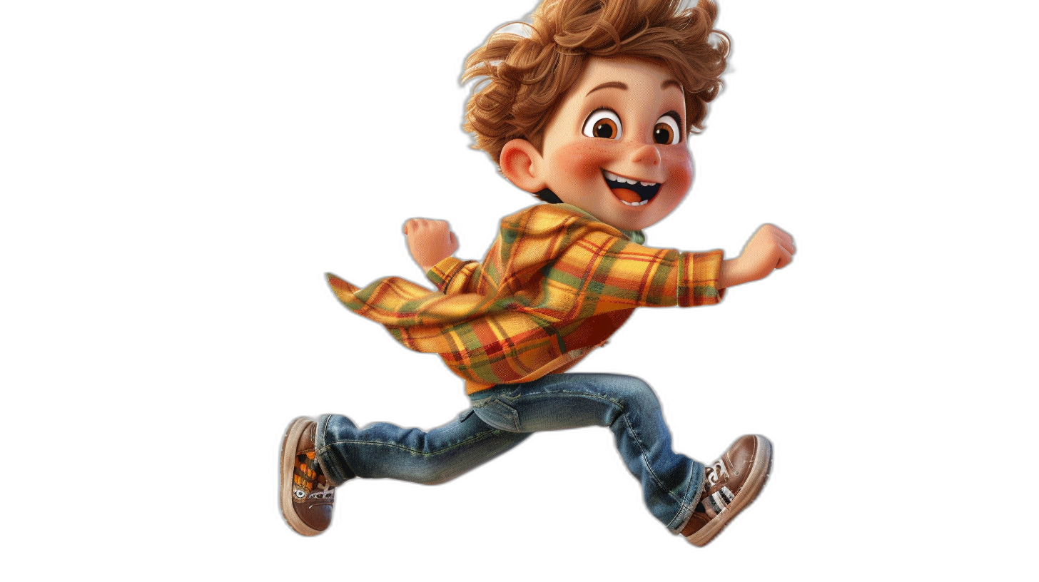 A cute boy, smiling and running happily in the style of Pixar, full body photo, wearing a plaid shirt with jeans on his lower legs, black background, cartoon character design, high definition, high resolution, high detail, full body portrait, full length portrait, head to toe angle, movie lighting, 3D rendering, high quality.