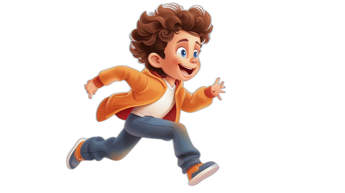 A cute boy with brown hair and blue eyes, wearing jeans and an orange jacket is running on a black background in the style of Pixar Disney character animation. He has curly short dark blonde hair and a white t-shirt. He wears sneakers. His face shows joy and excitement, he looks happy. His hands have five fingers each and they look like real human hands. He runs fast, his legs show motion blur. His body turns to the left side slightly while moving.