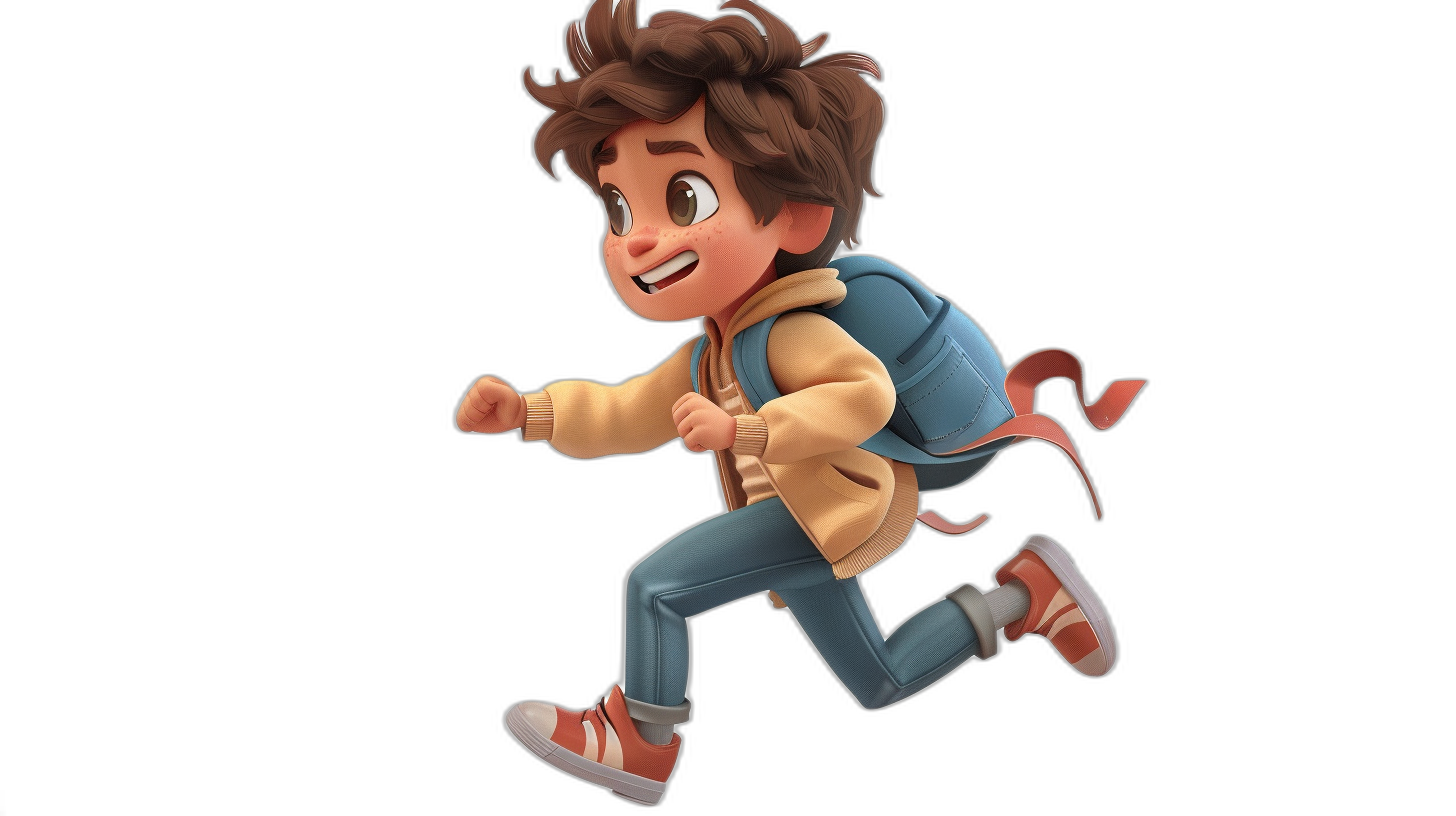 A cute cartoon boy running with a backpack, wearing blue jeans and a brown jacket against a black background, in the style of Pixar, with high resolution, high quality, and high detail cinematic style.