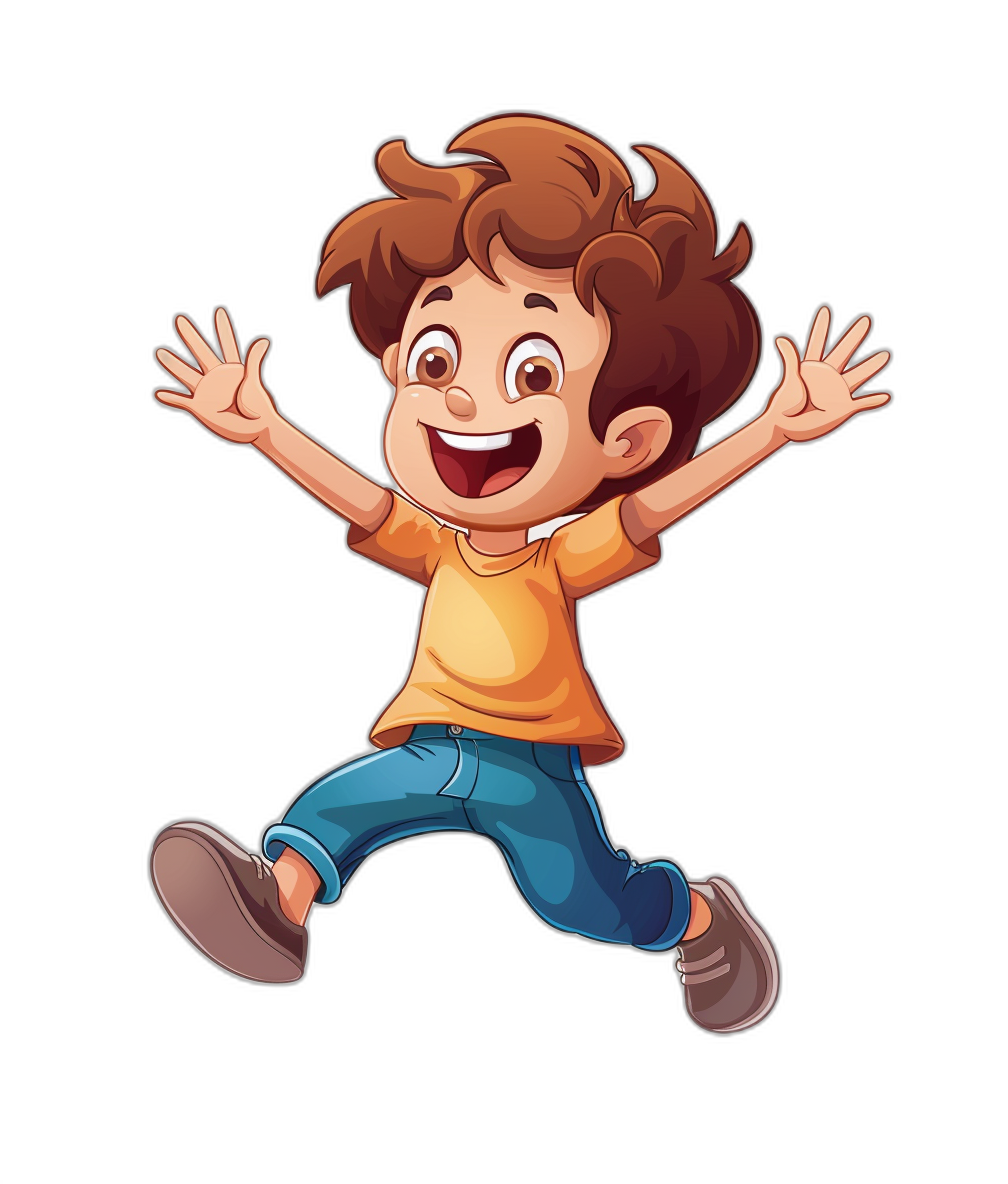 A cute happy cartoon boy is jumping in the style of clip art style on a black background.