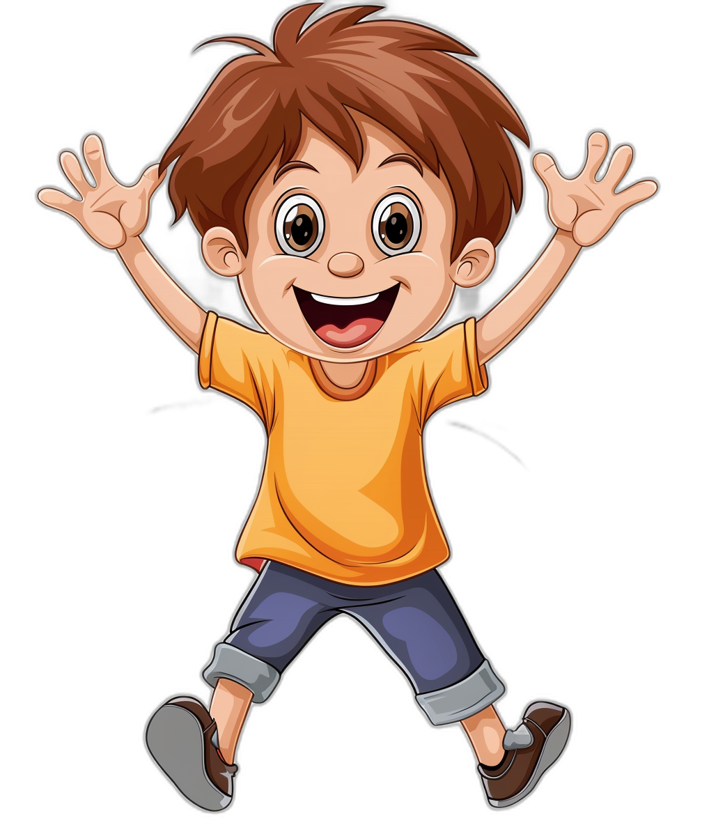 cartoon illustration of a happy boy jumping with his hands up, isolated on a black background, in the clipart style.