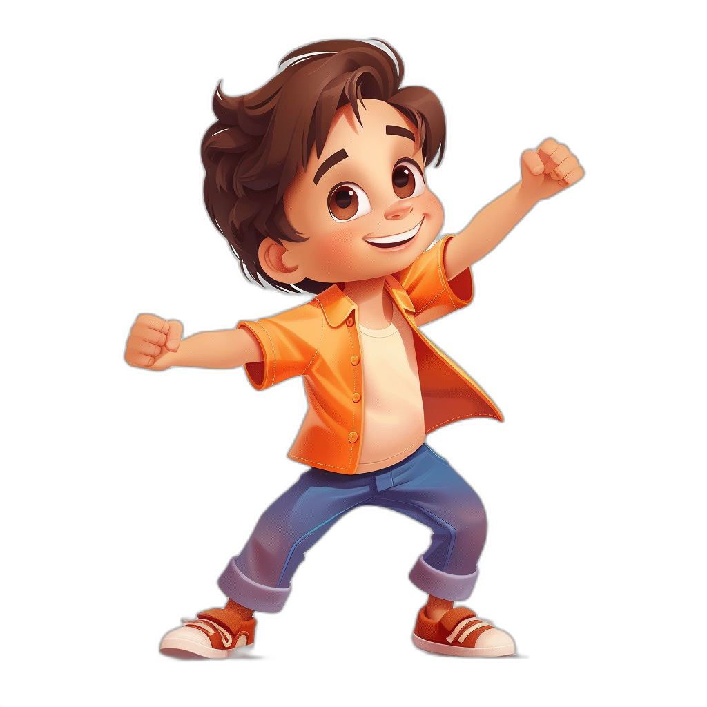 A cute cartoon avatar of an eight-year-old boy with brown hair, wearing orange and blue jeans, dancing happily on the black background. The character is depicted in the style of Pixar, featuring vibrant colors and soft lighting that highlights his cheerful expression. He has short hair and wears sneakers for foot protection during dance. His attire adds to his overall adorable appearance, with a focus on his face.