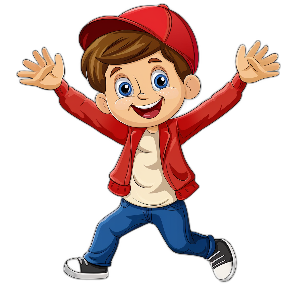 cartoon happy boy wearing red jacket and blue jeans, white tshirt with cap on his head jumping in the air isolated black background