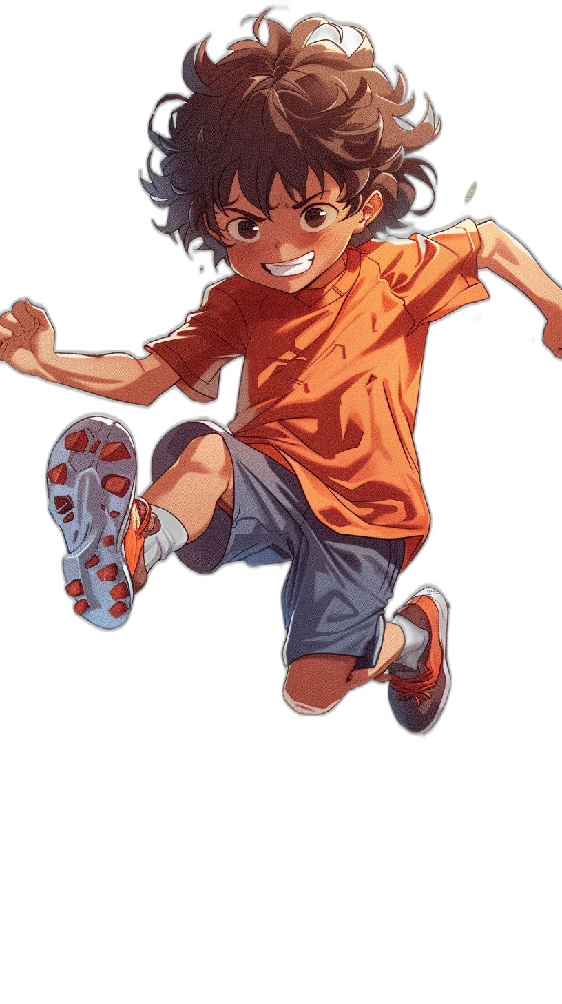 A little boy with brown hair, wearing an orange t-shirt and blue shorts is jumping in the air, smiling happily. He has short curly dark brown hair, black eyes, white skin color, and red shoes on his feet. He wears sneakers with gray soles. The simple background features a full body portrait in the style of anime and Japanese manga, with high resolution, quality, detail, definition, and dynamic range rendering against a pure black background.