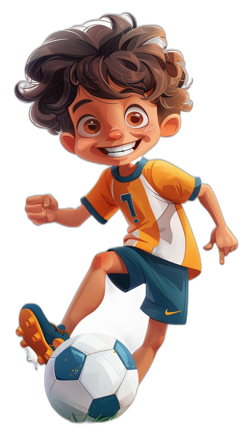 Cartoon style, cute boy playing football with Nike gear, black background, happy expression, bright colors, in the style of Disney Pixar animation, wearing a short-sleeved sports shirt and shorts, white shoes on feet, dark brown curly hair. The character is in the center of the picture, with one leg up to kick the ball. High definition resolution. Black background. Digital art.