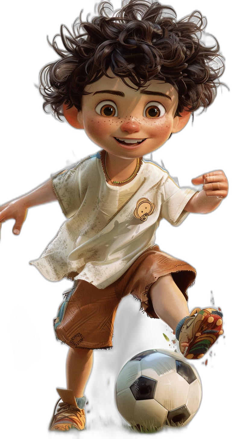 A cute boy with curly hair is playing football in the style of Pixar, as a Disney cartoon character with a full body portrait against a black background. He is wearing white short sleeves and brown shorts, barefoot, playing soccer in his hand with movie lighting effects and high-definition details in high resolution.