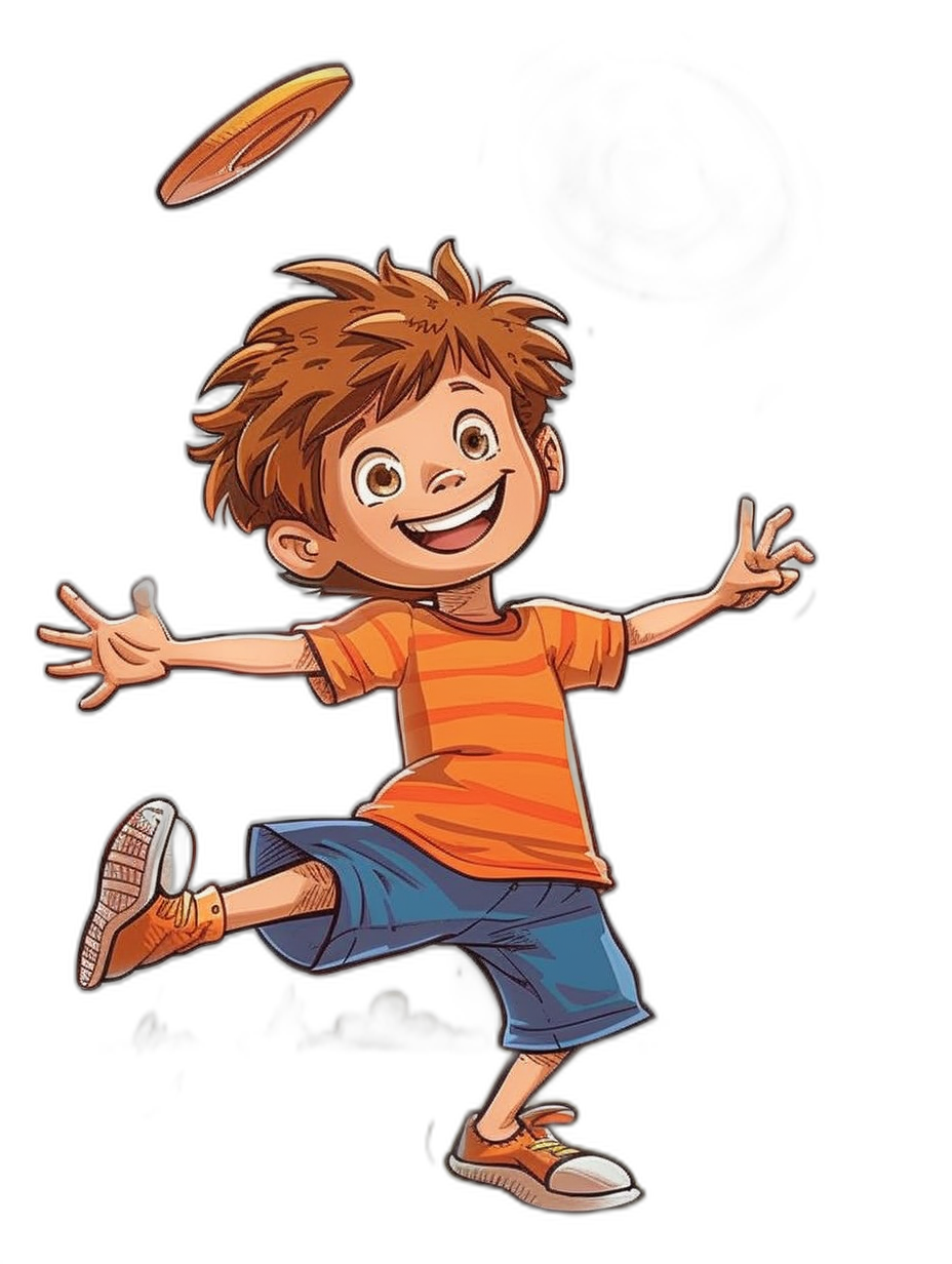 A cartoon boy in an orange striped shirt and blue shorts, smiling as he throws the frisbee with one hand. He is wearing white sneakers on his feet against a black background. The illustration style should be playful and colorful, suitable for children’s book illustrations or graphic novel art. It would also make an appealing t-shirt design with solid color backgrounds, suitable to print on dark fabric. The illustration is in the style of vector art created using Adobe Illustrator.