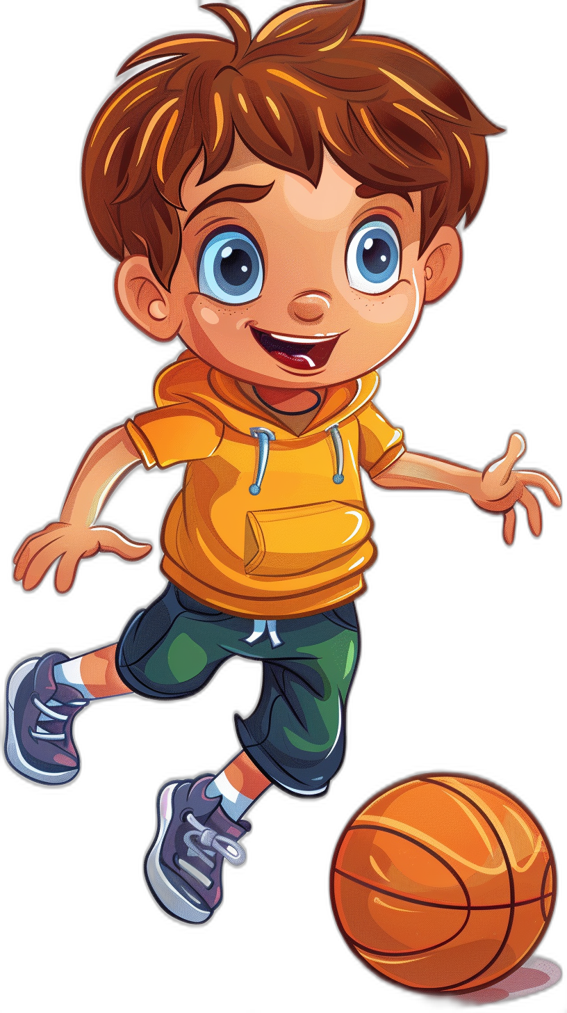 A cute little boy is playing basketball, wearing sports shoes and shorts in the style of a cartoon, with simple lines and as a vector illustration against a black background with colorful colors and in high definition like a cartoon character design at a high resolution. He has short brown hair with blue eyes, smiling happily while dribbling the ball in his hand in a yellow shirt and green pants.