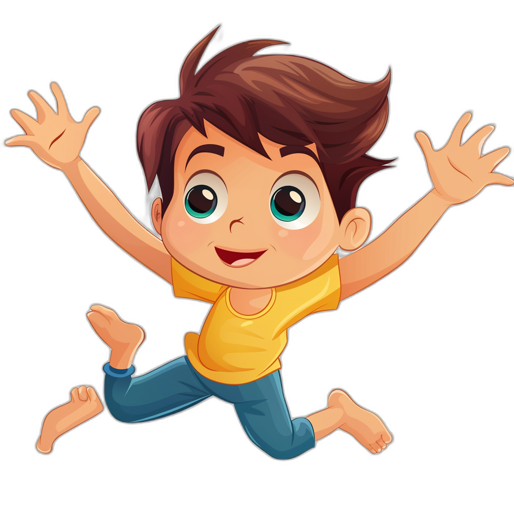 A cartoonstyle boy jumping in the air, clip art style with black background. The character has brown hair and is wearing blue pants and an yellow tshirt. He should have large eyes that convey happiness or surprise. His hands are outstretched to show his joy of playing. It’s drawn in vector for easy color application.