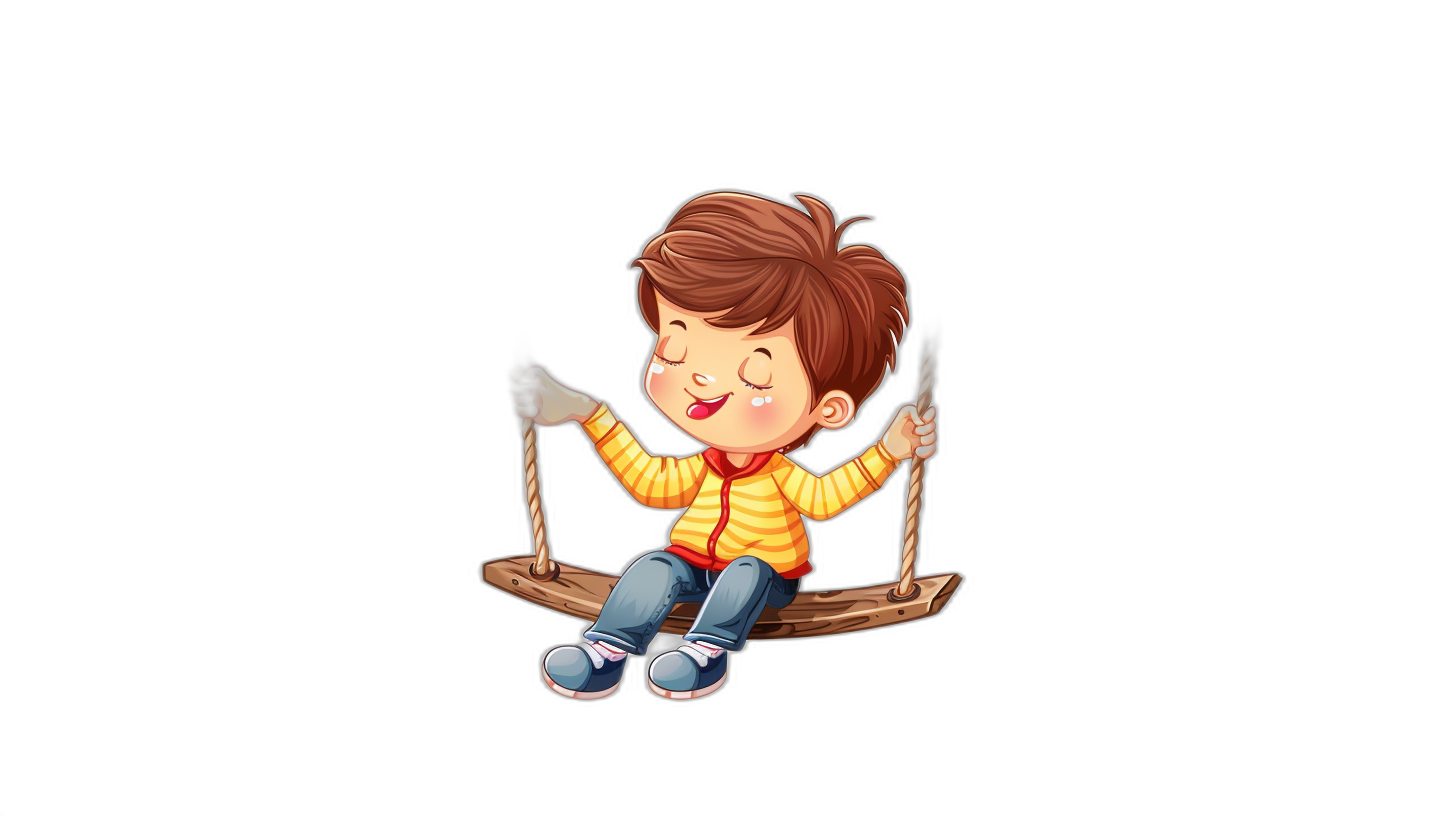 cartoon illustration of a happy little boy sitting on the swing against an isolated black background, in the style of hd